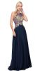 Lace Accent Sheer Mesh Bodice Long Prom Dress. in Navy